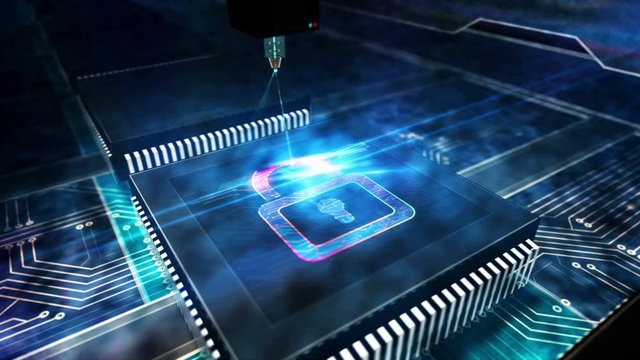 Cyber security concept. Digital protection and computer safety with padlock. Modern CPU production line abstract 3d rendering loopable seamless animation. Processor factory with laser burning symbol.