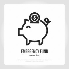Emergency fund thin line icon. Piggy bank with dollar coin. Symbol of savings, deposit, profit. Vector illustration.