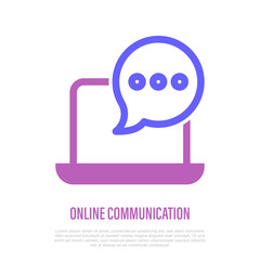 Online communication: webinar, online conference or tutorial. Opened laptop with speech bubble. Online education. E-learning. Thin line icon. Vector illustration.