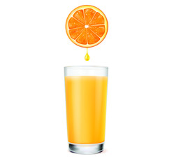 glass of orange juice and a drop of fresh orange on a white background