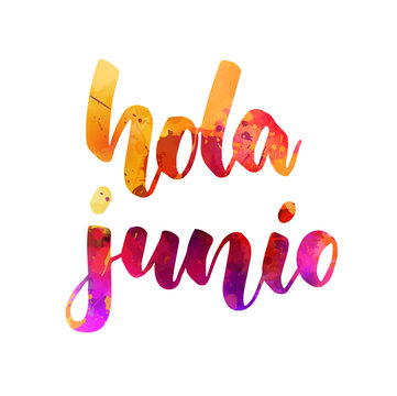 Hola Junio (Hello June in Spanish) -  handwritten modern calligraphy watercolor lettering. Summer concept illustration.