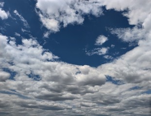 Rain gray and white clouds. A bit of a dark blue sky.