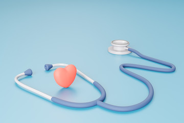Stethoscope with red heart logo on blue background, 3D illustration for medical concept