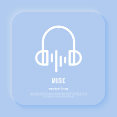 Music sign: headphones with wave. Audio, sound. Thin line icon for mobile app. Vector illustration.