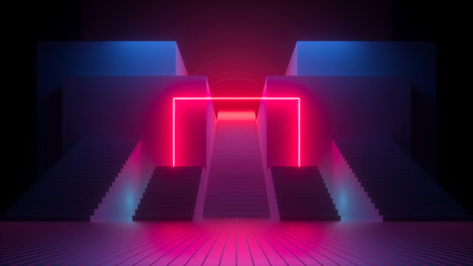 3d render, abstract neon background, glowing dramatic red light. Modern minimal urban design, staircase, steps, blue walls. Futuristic concept. Empty scene with copy space