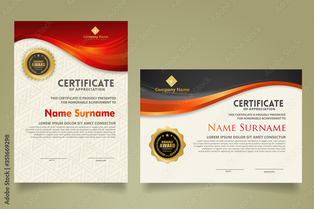 Wall mural set modern certificate template with flow lines ornament and modern pattern background.