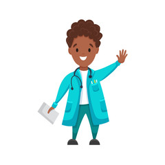Cheerful male african black doctor. Spot Image illustration of smiling doctor with stethoscope. Medic man doctor avatar in a flat cartoon style isolated on white background. Vector illustration
