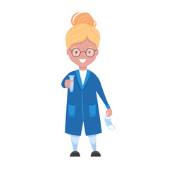 Coronavirus vaccine concept. Female doctor cartoon character in uniformon isolated on white background, medical worker or hospital staff with mask and test-tube. Vector flat cartoon illustration