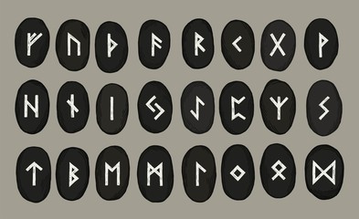 Elder Futhark runes alphabet on the stones. Mystical stones for magic. Nordic and germanic old alphabet.