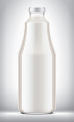Glass Bottle with Dairy Drinks on background.