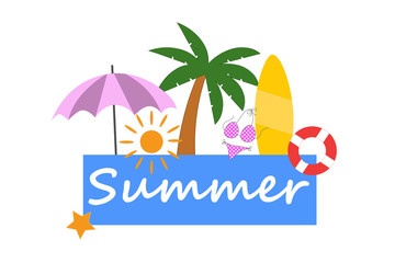 Summer illustration with beach elements like bikini, palm tree, surfboard