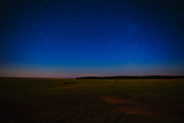 starry sky over the forest and field at night in summer