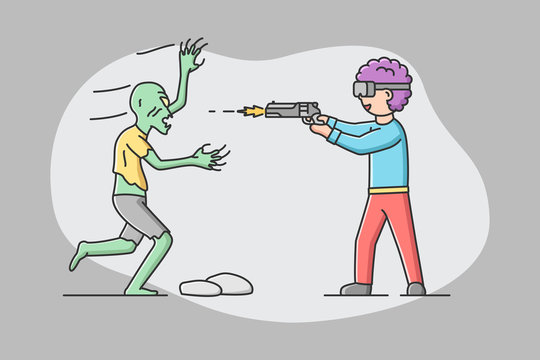 Concept Of Virtual Reality, Playing Games. Man In Goggles Plays Real Time VR Game. Boy Imagine Himself By Hero And Shooting A Gun At Monster Zombie. Cartoon Linear Outline Flat Vector Illustration