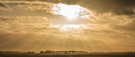 Cloudy and dramatic sky with green field and trees