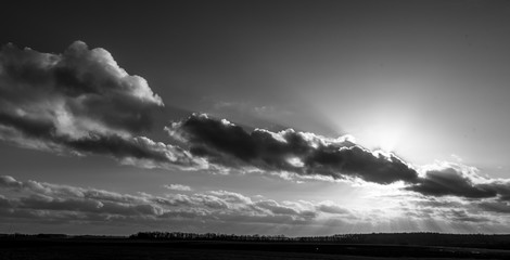 Cloudy and dramatic sky with green field and trees