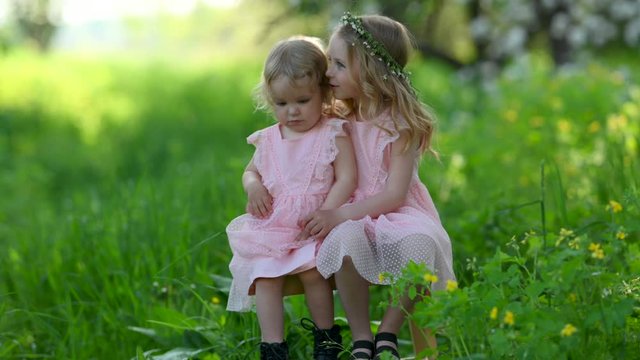 Portrait of two cute little girls in beautiful dresses in the evening park. Happy childhood concept. Rest at nature