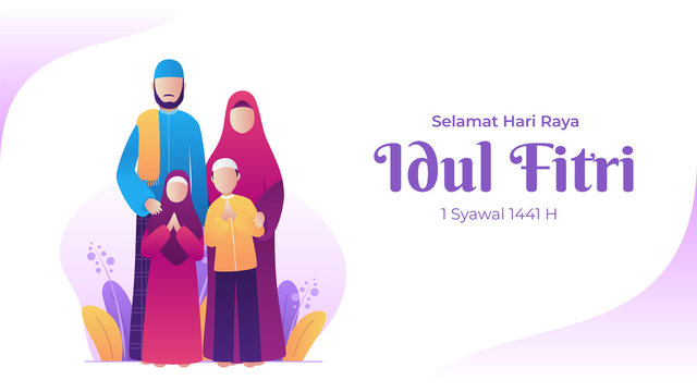 Asian happy muslim family of parents and children greeting celebrating Eid-al-fitr for landscape banner illustration