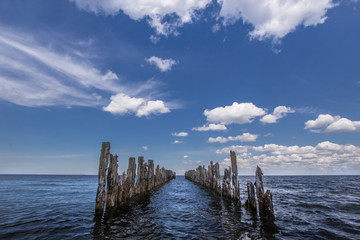 Old wood pier left only poles next to the sea