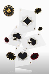 Casino falling poker cards and chips game concept background