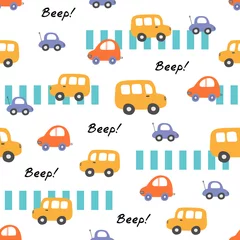 Stickers pour porte Voitures Modèle vectoriel mignon bébé sans couture avec voiture et bus