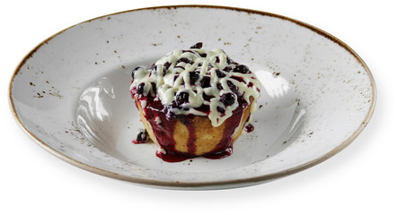 Muffins decorated with fresh fruits. Healthy snack. white background .