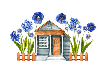 Watercolor house with fence and wildflowers. Hand drawn illustration is isolated on white. Cute vintage template is perfect for fairytale design, interior poster, nursery wallpaper, fabric textile