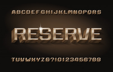 Reserve alphabet font. 3D golden metal letters, numbers and symbols. Stock vector typescript for your typography design.