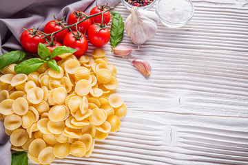 concept of traditional italian pasta with tomatoes and basil