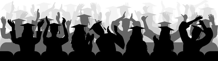 Silhouettes of cheerful applauding graduates sitting in chair, close-up. Vector illustration.