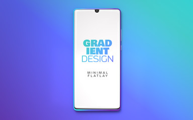 3d image of smart phone on gradient background in blue, violet, green colors, phone mockup with white screen, minimal flat lay