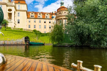 Deurstickers Scenic panorama cityscape view of Moldava river boat Prague in Czech Republic. © alzamu79
