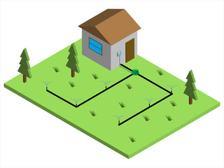 Sprinkler system for automatic watering and irrigation of lawns flower beds plants flowers scheme circuit outline. layout drawing. Isometry.