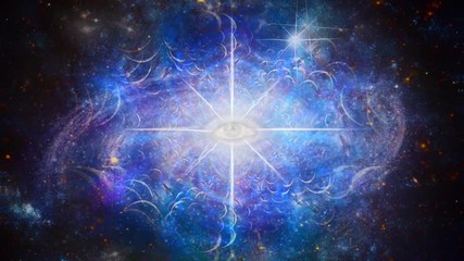 Surreal composition. Eternal Eye in Endless Space. Retro spacecrafts