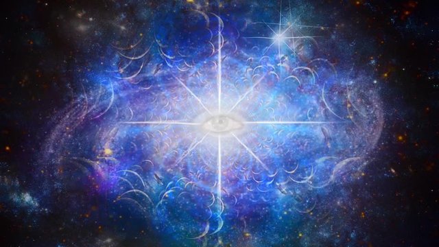 Surreal composition. Eternal Eye in Endless Space. Retro spacecrafts