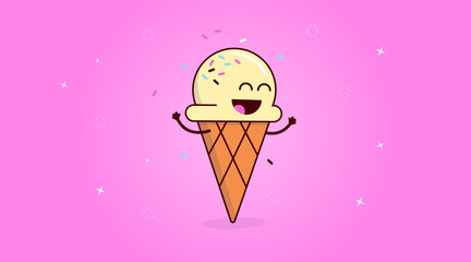 Happy ice cream cone - Funny and cute character, smiling and cheering with raised hands on pink background. Vector illustration.