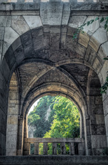 Antique Gothic stone arch and gazebo on the Gellert Hill in Budapest