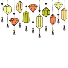 Pattern of crystals suspended on chains. Hand-drawn gemstones, diamonds, diamonds, emeralds and rubies. Vector illustration for jewelry store, bijouterie, magic and miracle.