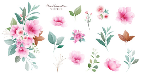 Floral decoration vector set. Botanic arrangements & individual elements of pink and purple flowers, leaf, branch. Botanic illustration for wedding, greeting card, or logo composition vector