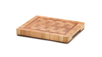 End grain wood butcher block cutting board isolated on white background. Full depth of field