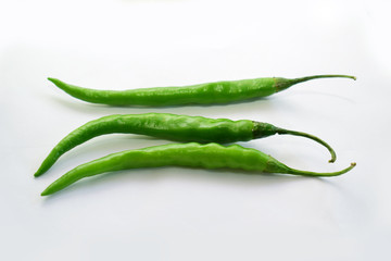 fresh Green chili on white background,Indian spicy chili.