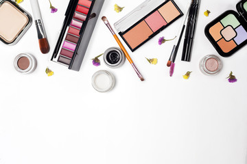 Woman make up products and accessories on white background.professional decorative cosmetics, makeup tools