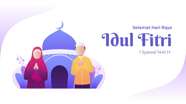 Eid mubarak greeting card with couple muslim characters and mosque for landscape banner illustration. Selamat hari raya Idul Fitri is another language of happy eid mubarak in Indonesian for celebratin