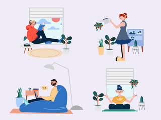 Stay at home and work from home in quarantine concept. People sitting at their home, room and apartment, reading books, listening to music, watering plants, working on laptop and practicing yoga. 