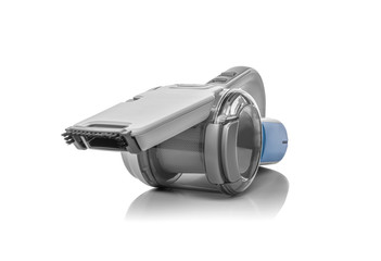 A handheld portable lithium battery vacuum cleaner is isolated on a white background.