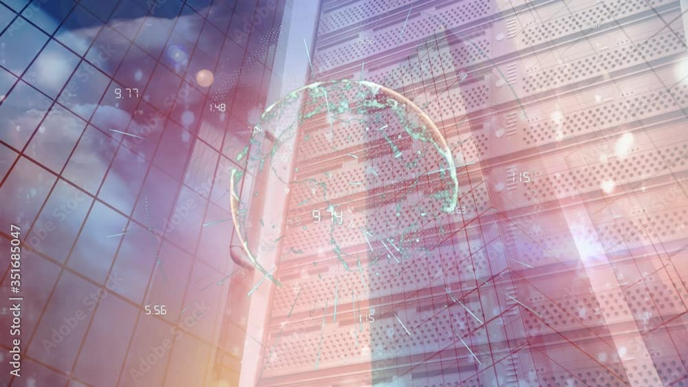 Poster animation of buildings over a spinning globe with numbers linking to it