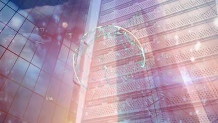 Animation of buildings over a spinning globe with numbers linking to it - Powered by Adobe