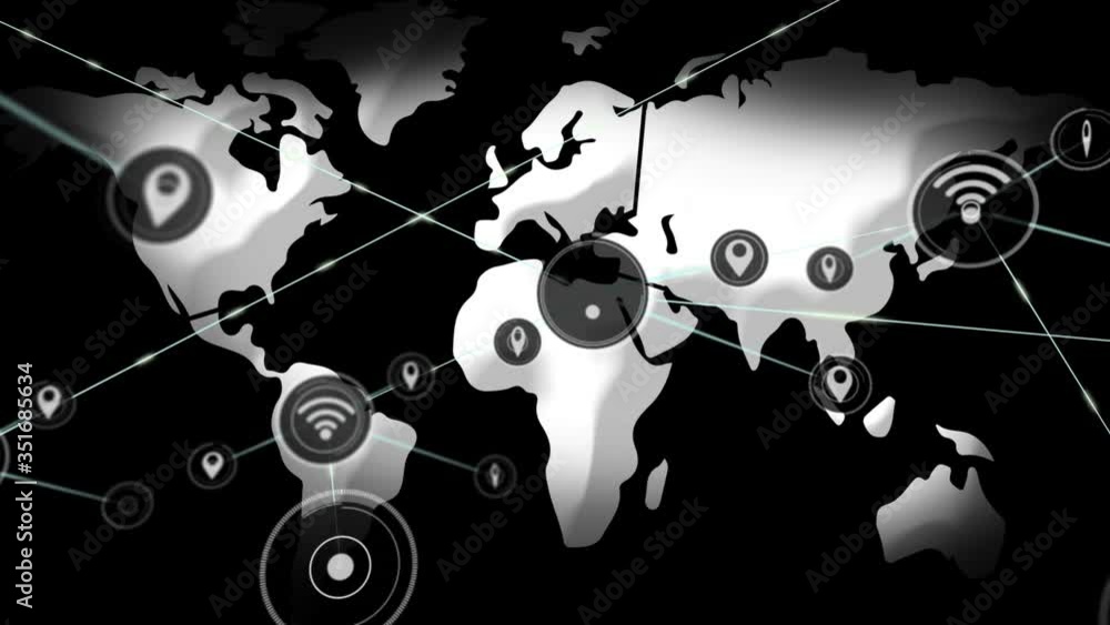 Poster animation of network connections of wireless icons and world map on black background