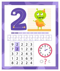 Learning Number 2 with funny monster. Coloring printable worksheet for kindergarten and preschool. Two. Handwriting practice. Coloring book. 