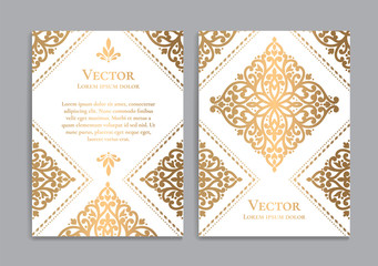 White and gold luxury invitation card design. Vintage ornament template. Can be used for background and wallpaper. Elegant and classic vector elements great for decoration.
