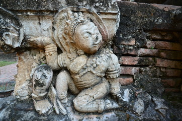 Beautiful sculptures at the ancient temple Wat Mahathat in the historical park of Sukhothai